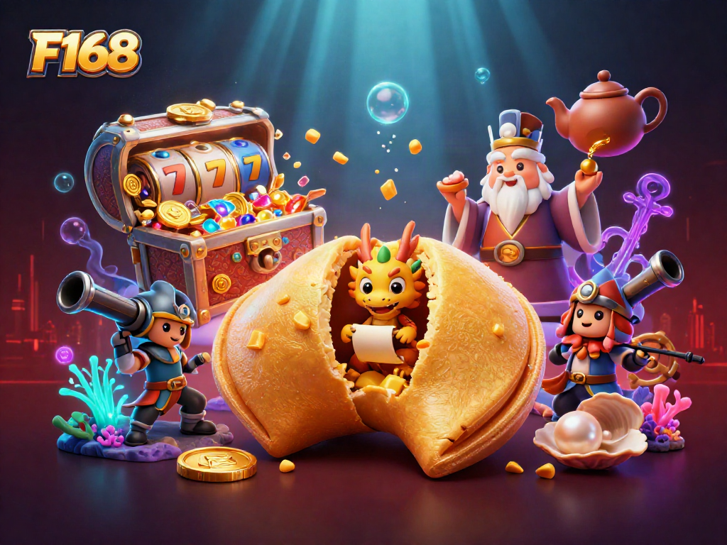 Engage with F168's vibrant casino world featuring a golden fortune cookie and dynamic game elements.