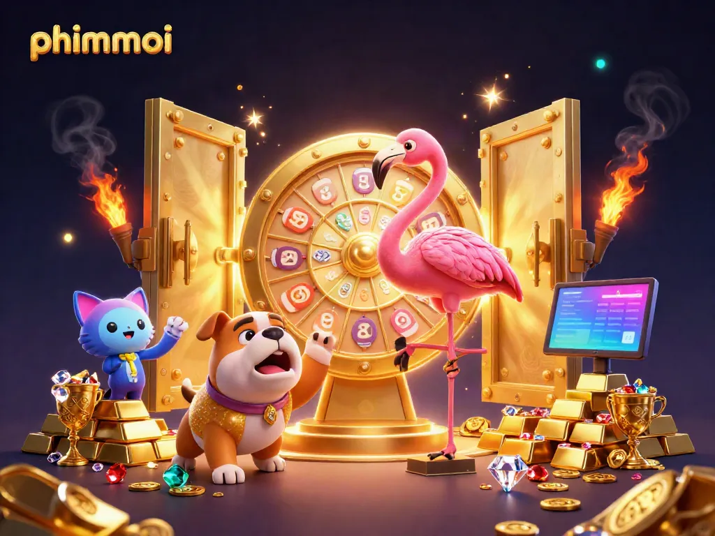 Experience excitement and wins at phimmoi with a vibrant casino scene featuring a prize wheel and joyful characters.
