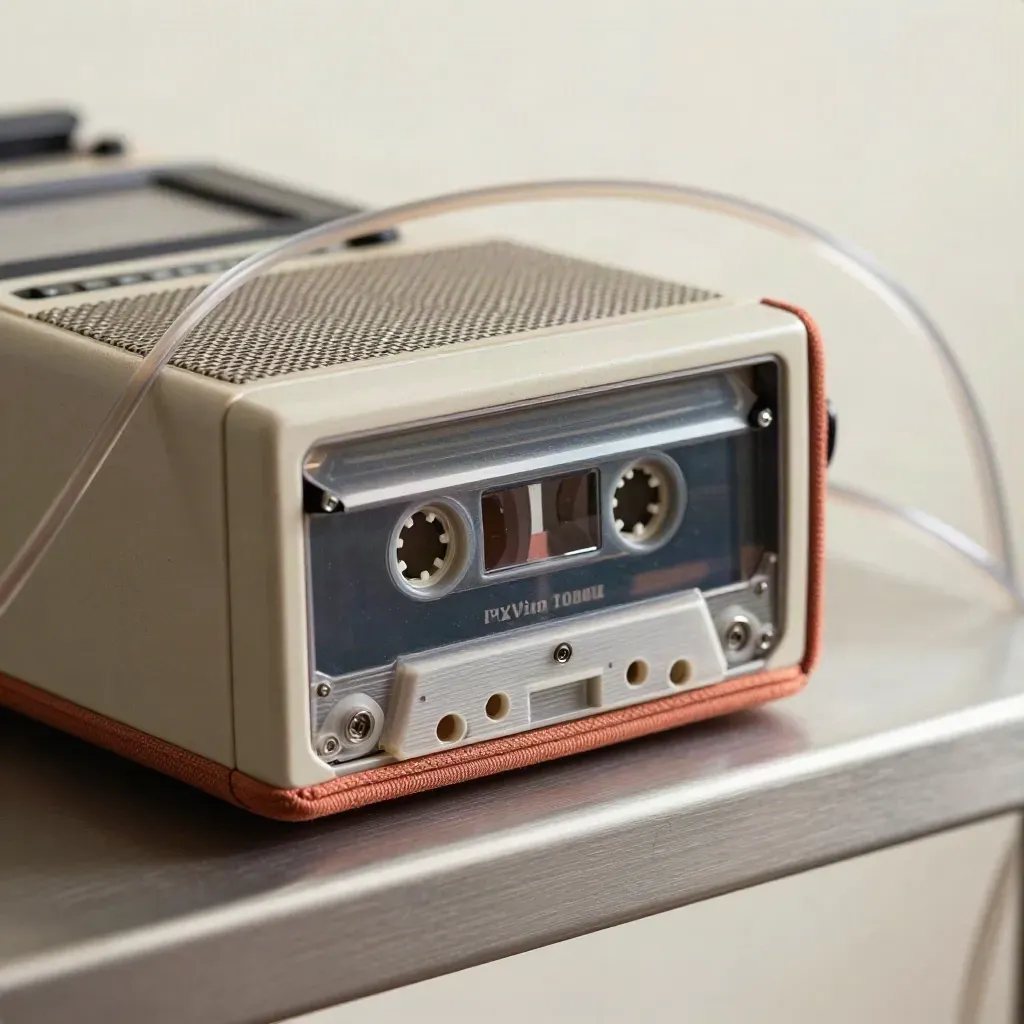 Macro van een jaren-90 radio-cassette met open sleuf, tape en koptelefoonsnoer op lichte metalen ondergrond.