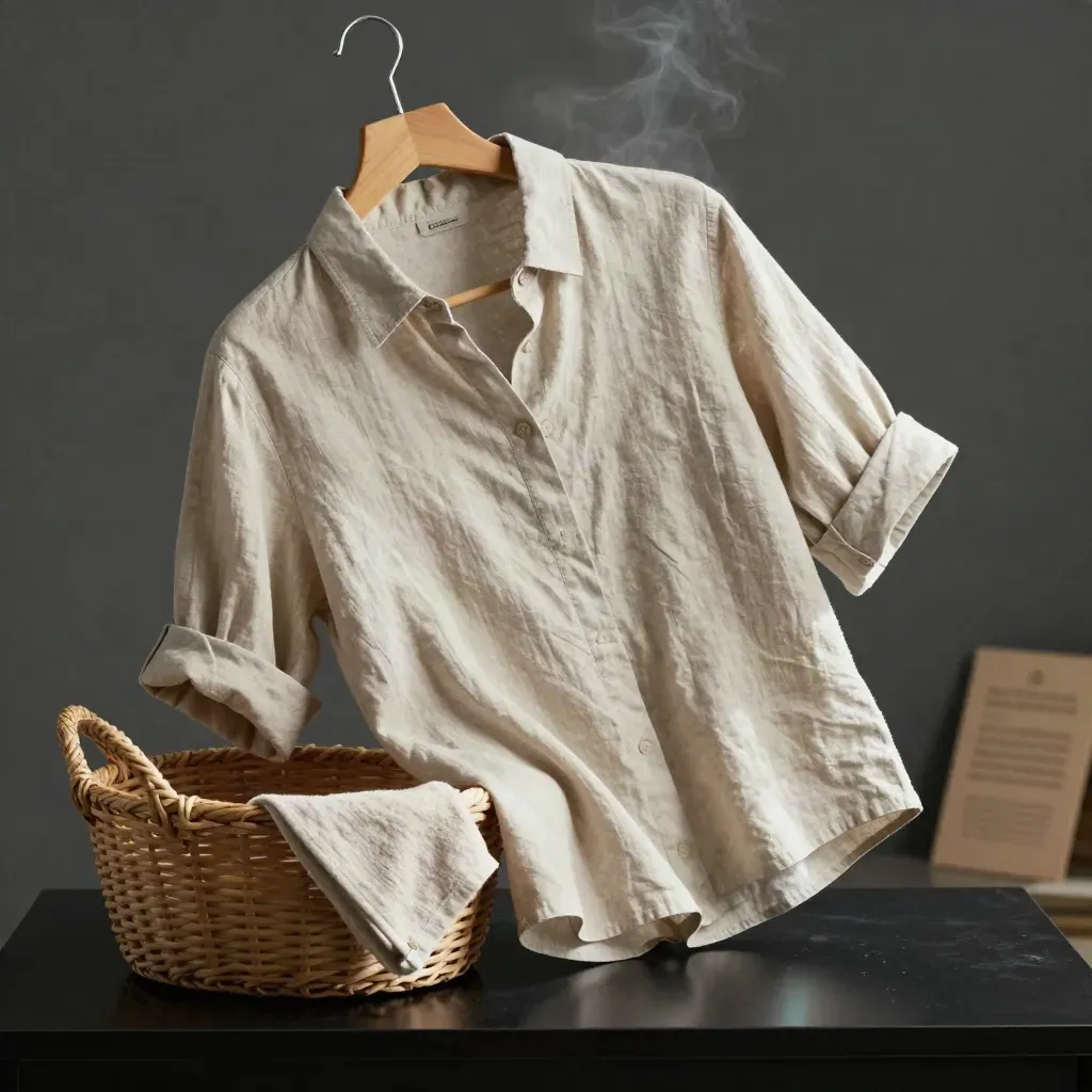 Naturel linnen blouse aan houten hanger boven een geweven mand in een donkere studio-opstelling.