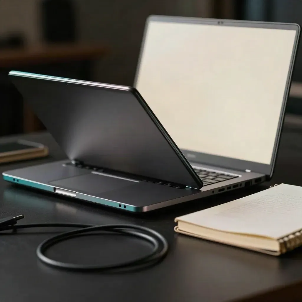 Zwarte laptop half open met oplaadkabel en gesloten notitieboek op donkere studio-oppervlakte.
