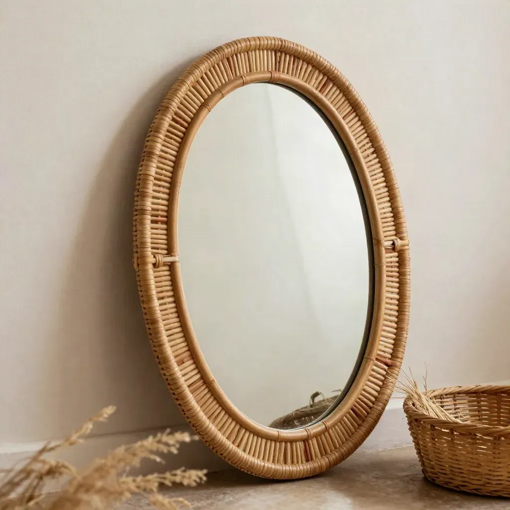 Close-up van een vintage rotan spiegel met ovaal glas tegen een kalkmuur, met mand en droog gras.