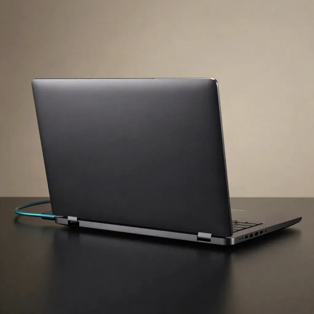 Matzwarte 14-inch laptop half open met oplaadkabel op donkere studioachtergrond.