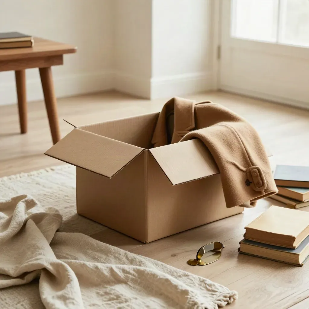 Open doos met tweedehands boeken, kleding en een tafeltje in warm licht