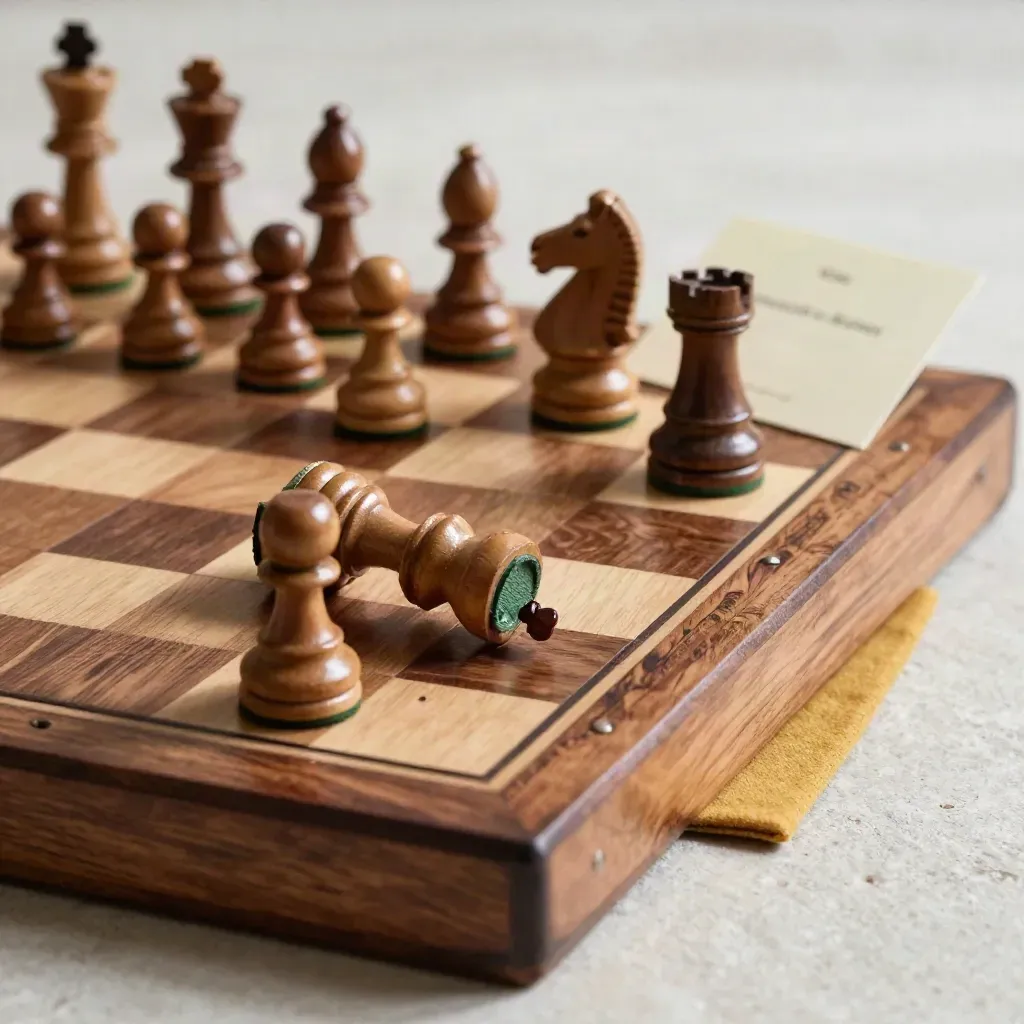 Houten schaakbord met stukken in een spannende halfgespeelde partij, van dichtbij gefotografeerd.