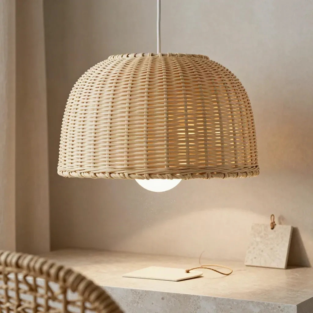 Rieten hanglamp in een lichte studio-opstelling met travertijn, linnen en een zachte productkaart.