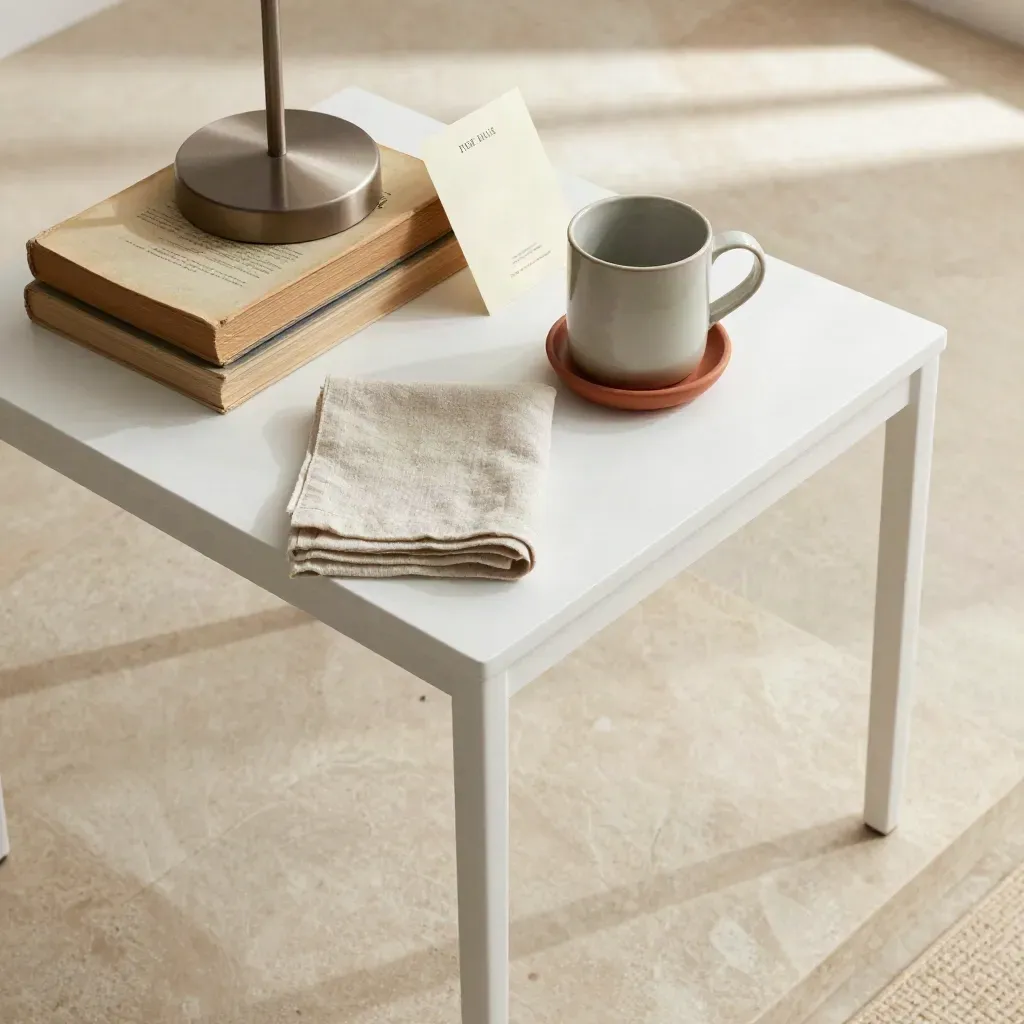 Witte sidetable met boeken, lampvoet, mok en terracotta coaster op lichte steen, van boven gefotografeerd.