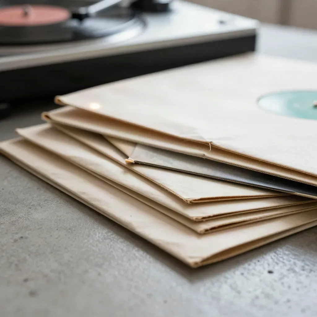 Macro van een waaier van LP-hoesjes met vinylranden en een platenspeler op de achtergrond.