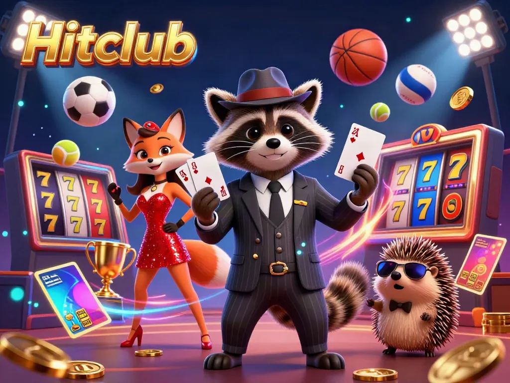Hitclub raccoon holding a royal flush with a fox companion in a vibrant 3D casino scene.