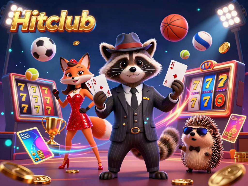 Hitclub raccoon holding a royal flush with a fox companion in a vibrant 3D casino scene.
