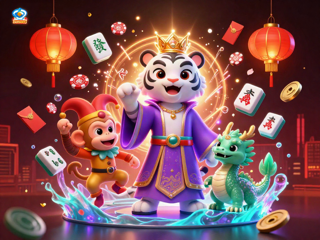 Experience the excitement of sunwin with a vibrant 3D casino scene showcasing a tiger, monkey, and dragon amidst festive decorations.