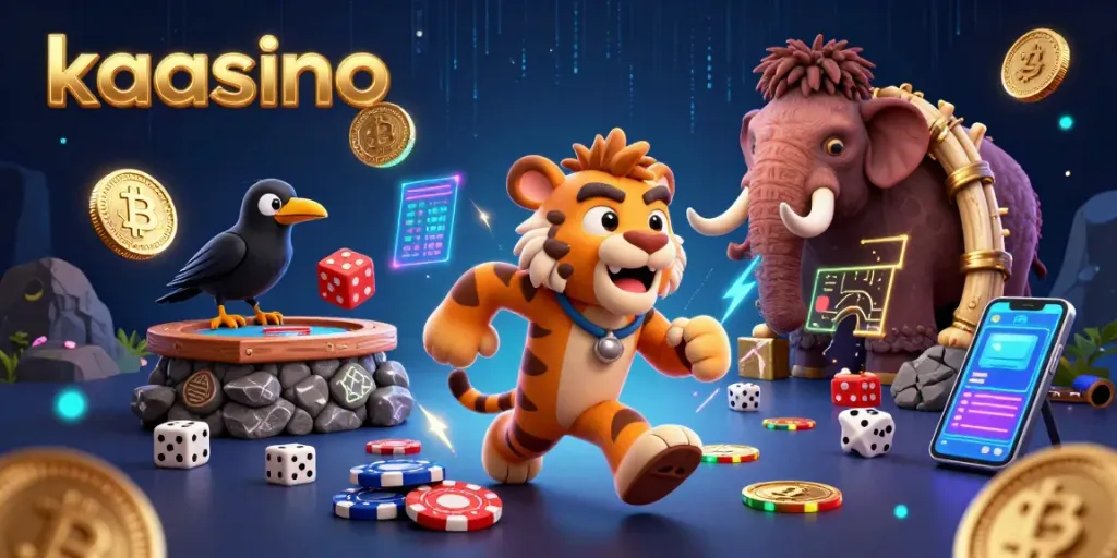 Kaasino offers a vivid 3D depiction of a lively prehistoric casino scenario with charming characters.