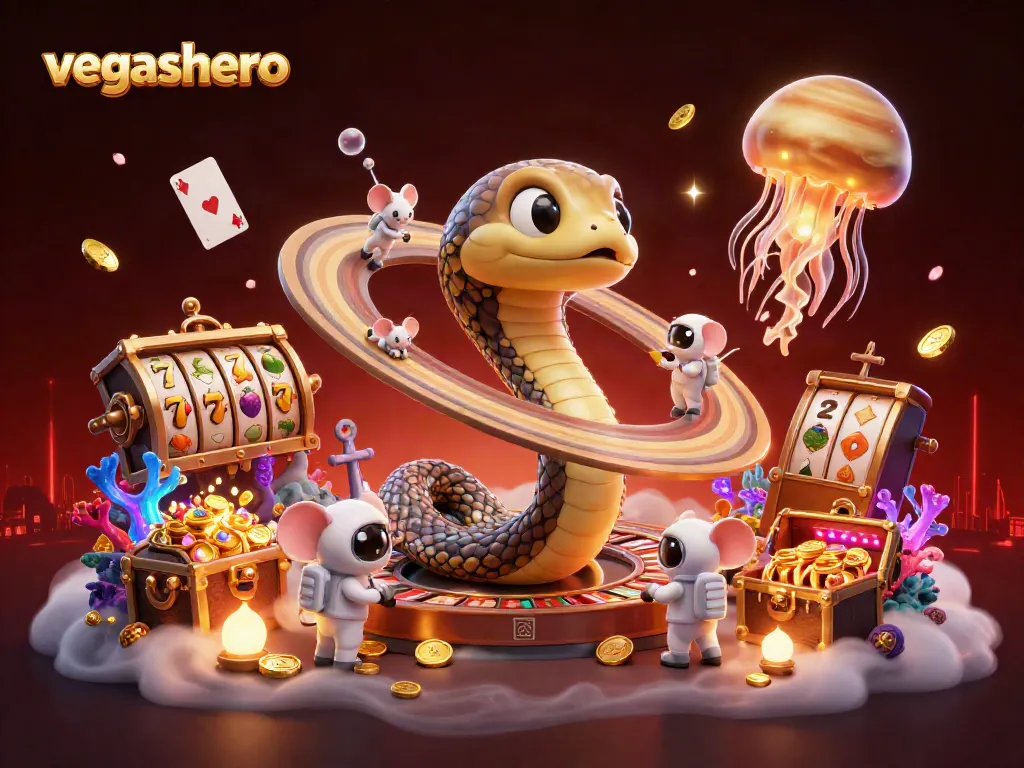 Experience thrilling gaming action at VegasHero Casino with the unique roulette-wielding Saturn snake and celestial dealer.