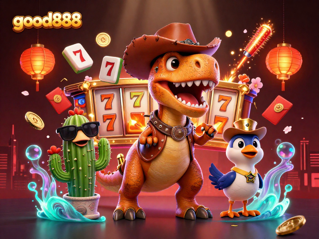 Experience thrilling jackpots with good888 as cartoon characters celebrate amidst vibrant casino play.