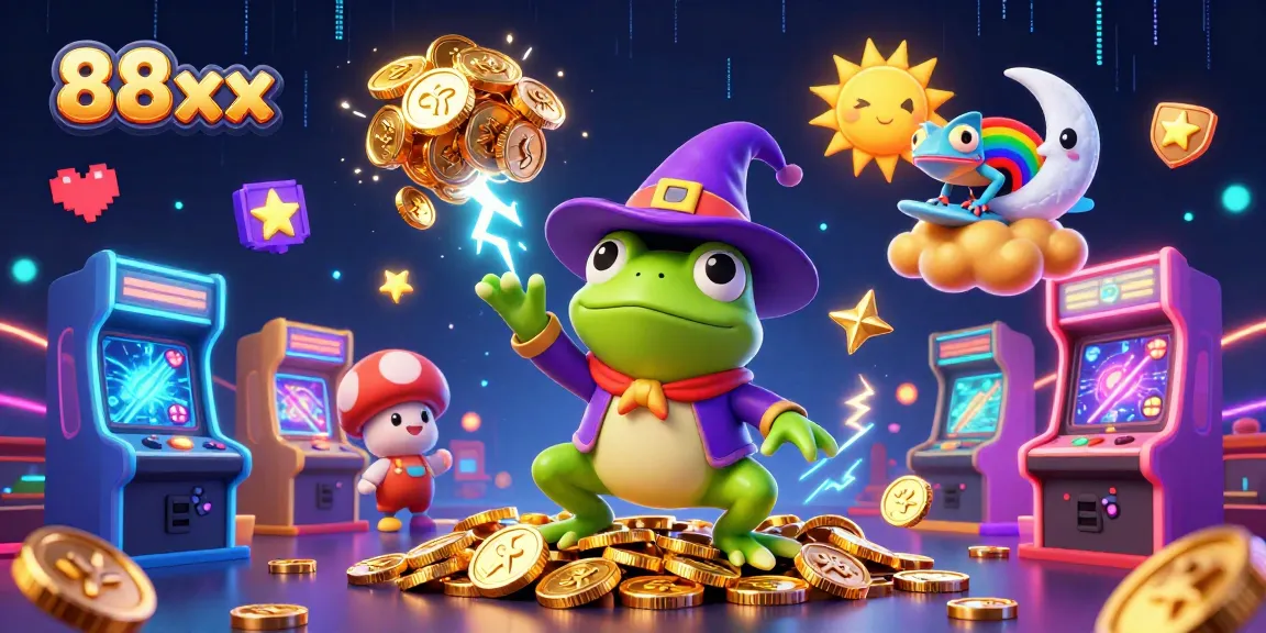 88xx players dive into a gold coin storm with vibrant gaming elements in a colorful casino scene.