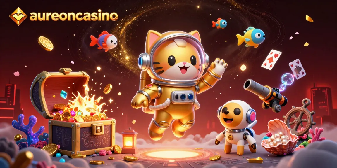 Aureoncasino's vibrant 3D illustration features a cat astronaut and robot dog in a cosmic casino adventure.